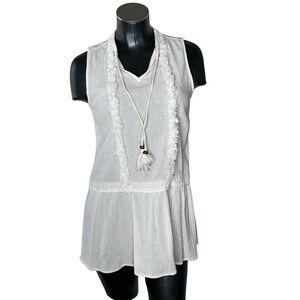 KNOX ROSE White Gauze Sleeveless Boho Tunic Top With Tassels Women's Size S